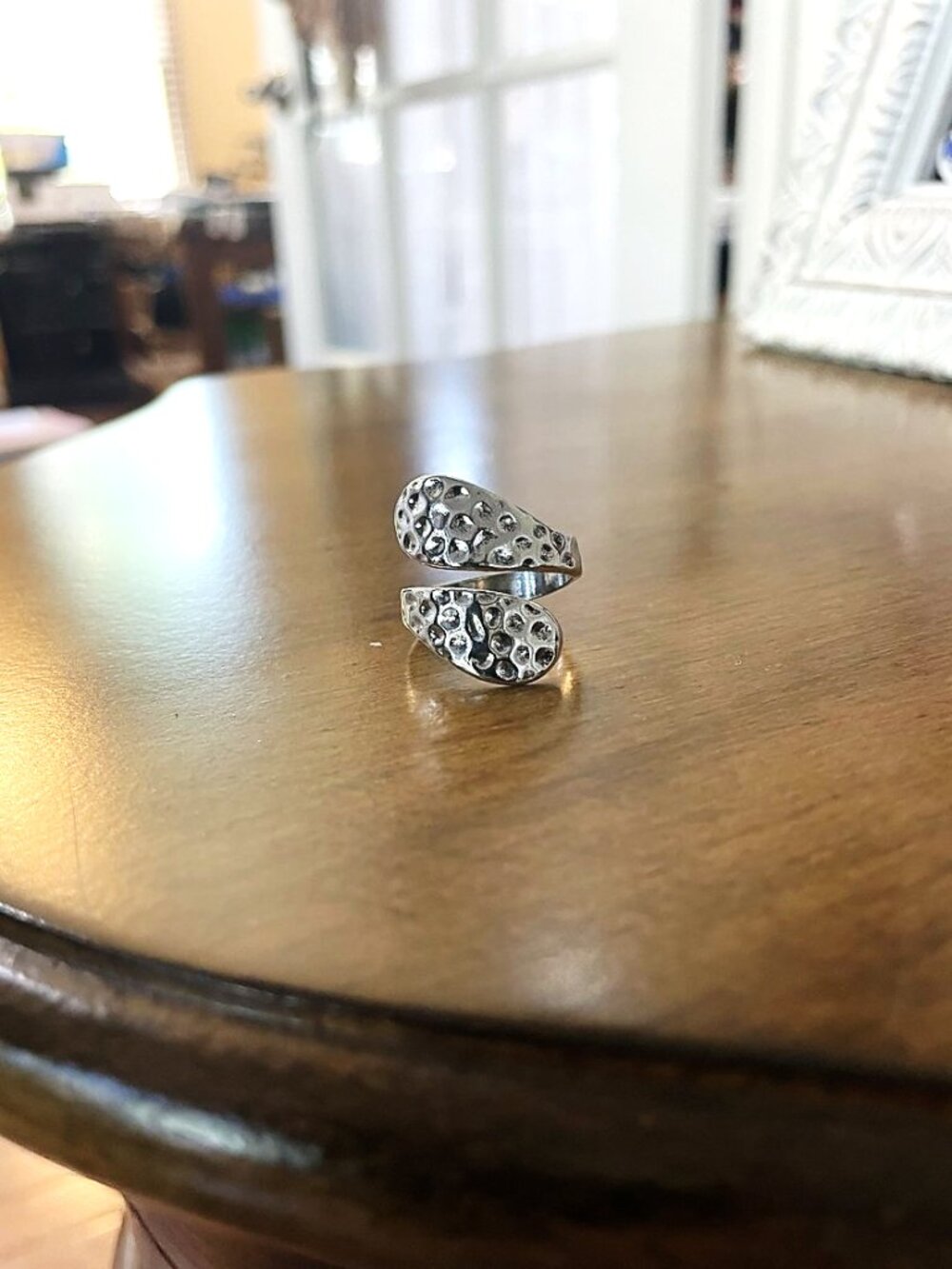 Silver Tone Hammered Adjustable Wrap Ring | Wide Open Fit Bypass Statement Band
